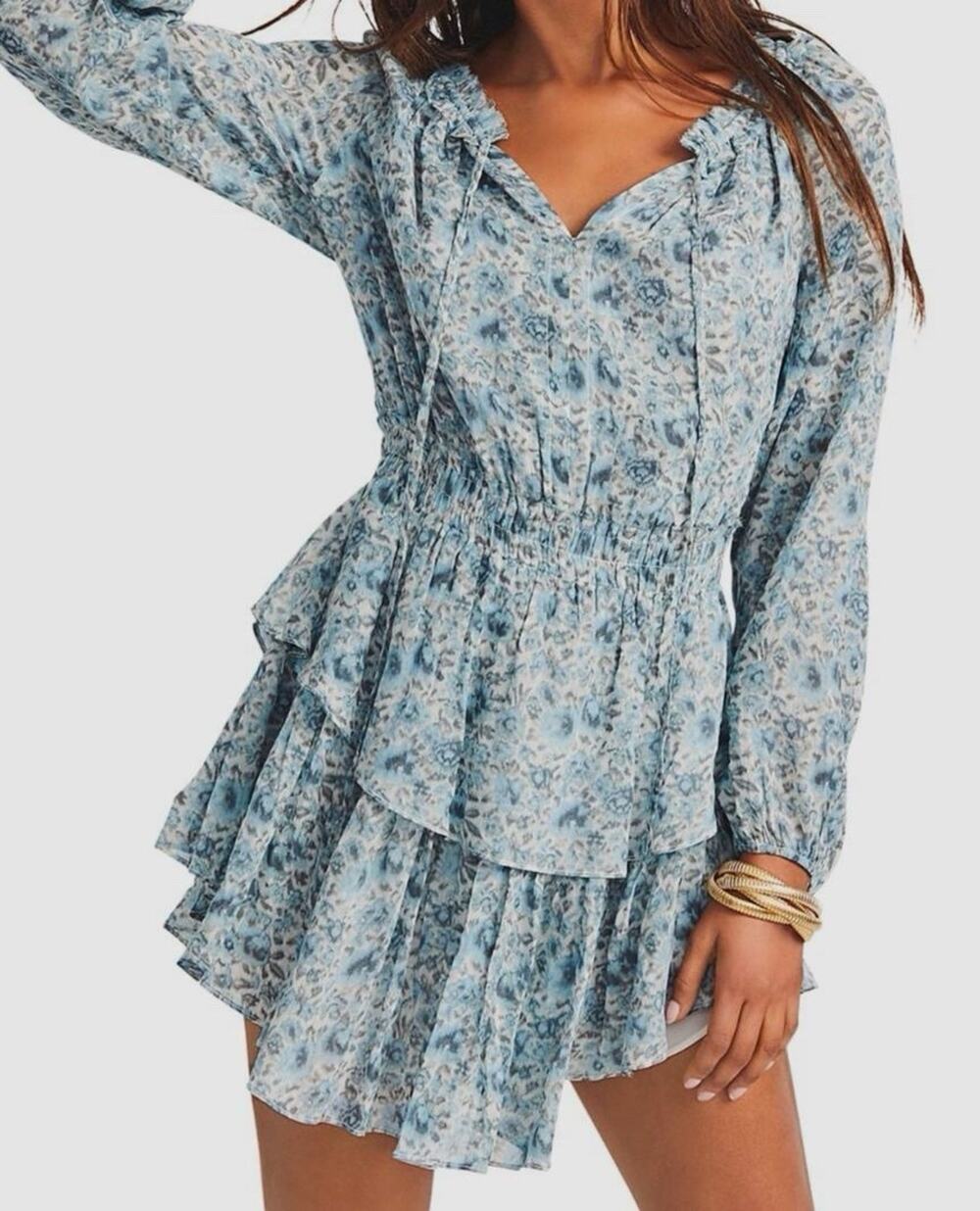 LoveShackFancy Popover Mini Dress Blue Floral Ruffle Tiered Long Sleeve Size XS